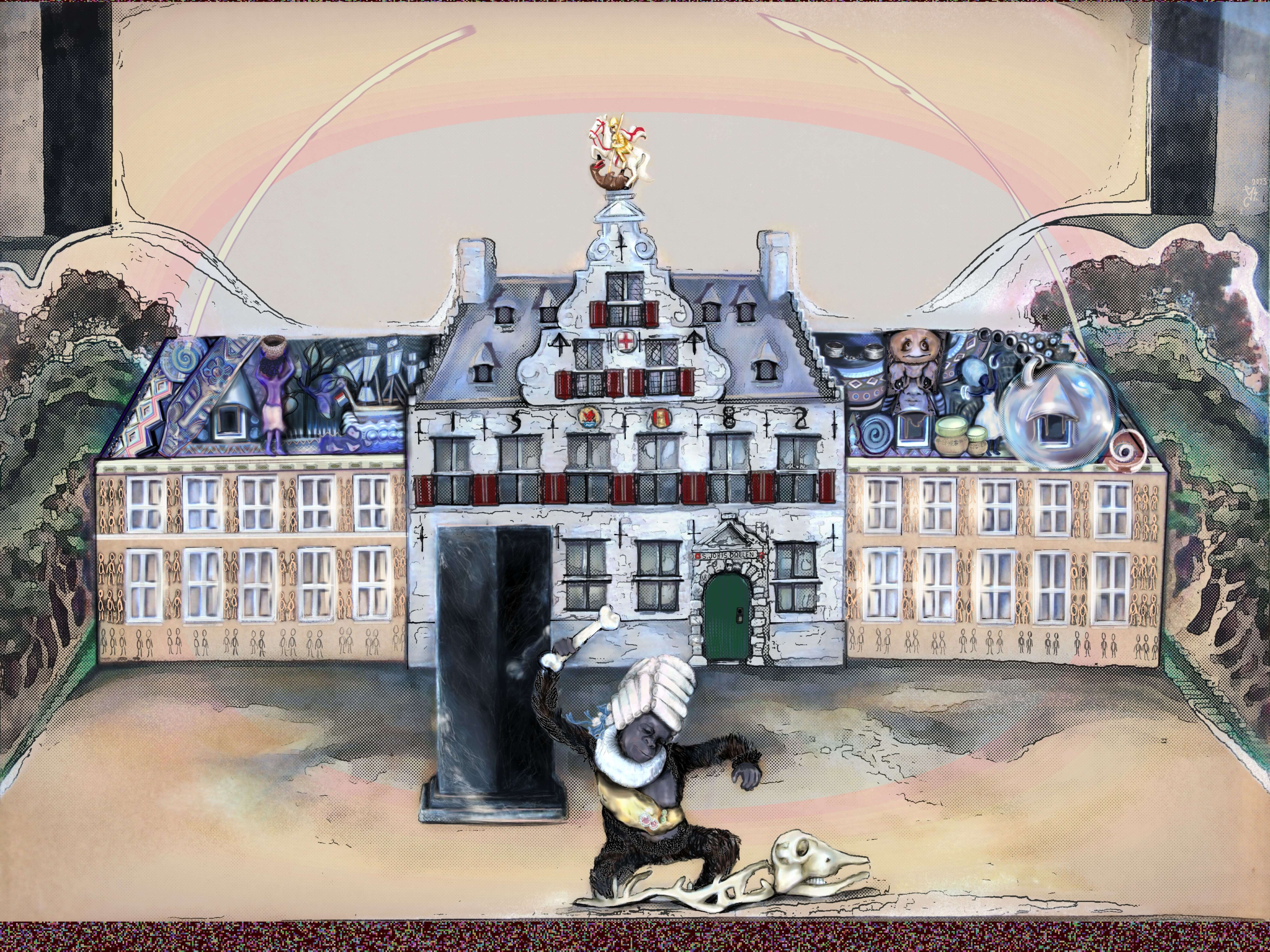 2023: Odd Yssey, Official city illustration of Middelburg, 2023. @ Sint-Jorisdoelen and the Slavery monument. space odyssey inspired sint jorisdoelen middelburg balans monument monkey golden century