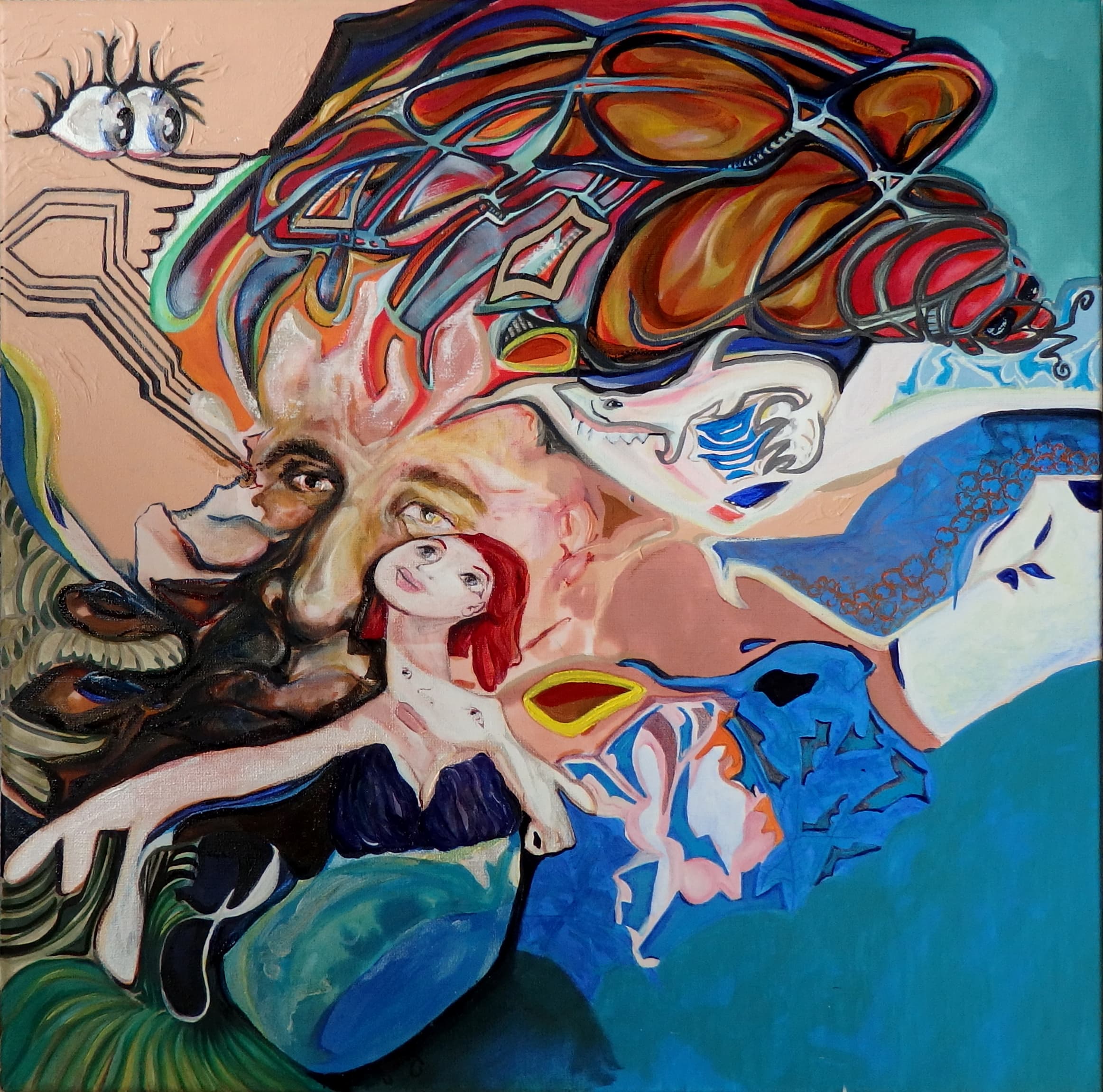 Painting by Janice Maria Mancini Ys, JMMYS.nl chatgpt inspired art science futurism A.H.A ChatPainting modern art simulation theory art brain bulbs mermaid redhead illusions sharks multiple portraits, orange, blue skin tone