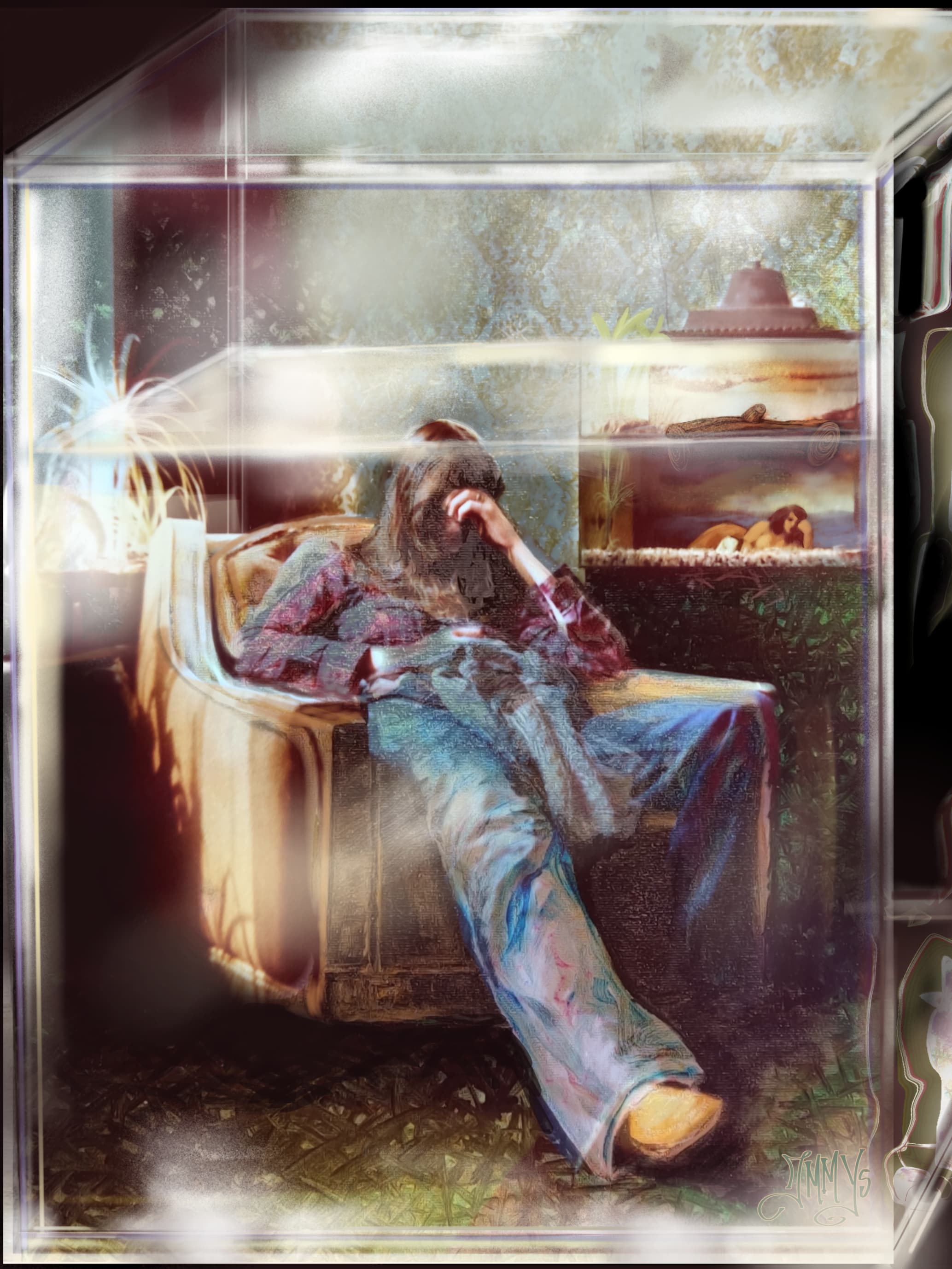 armrest seventies 70s, lady laying in a chair with a droste looping with a pin up girl in a aquarium, while sitting in a fish bowl glass