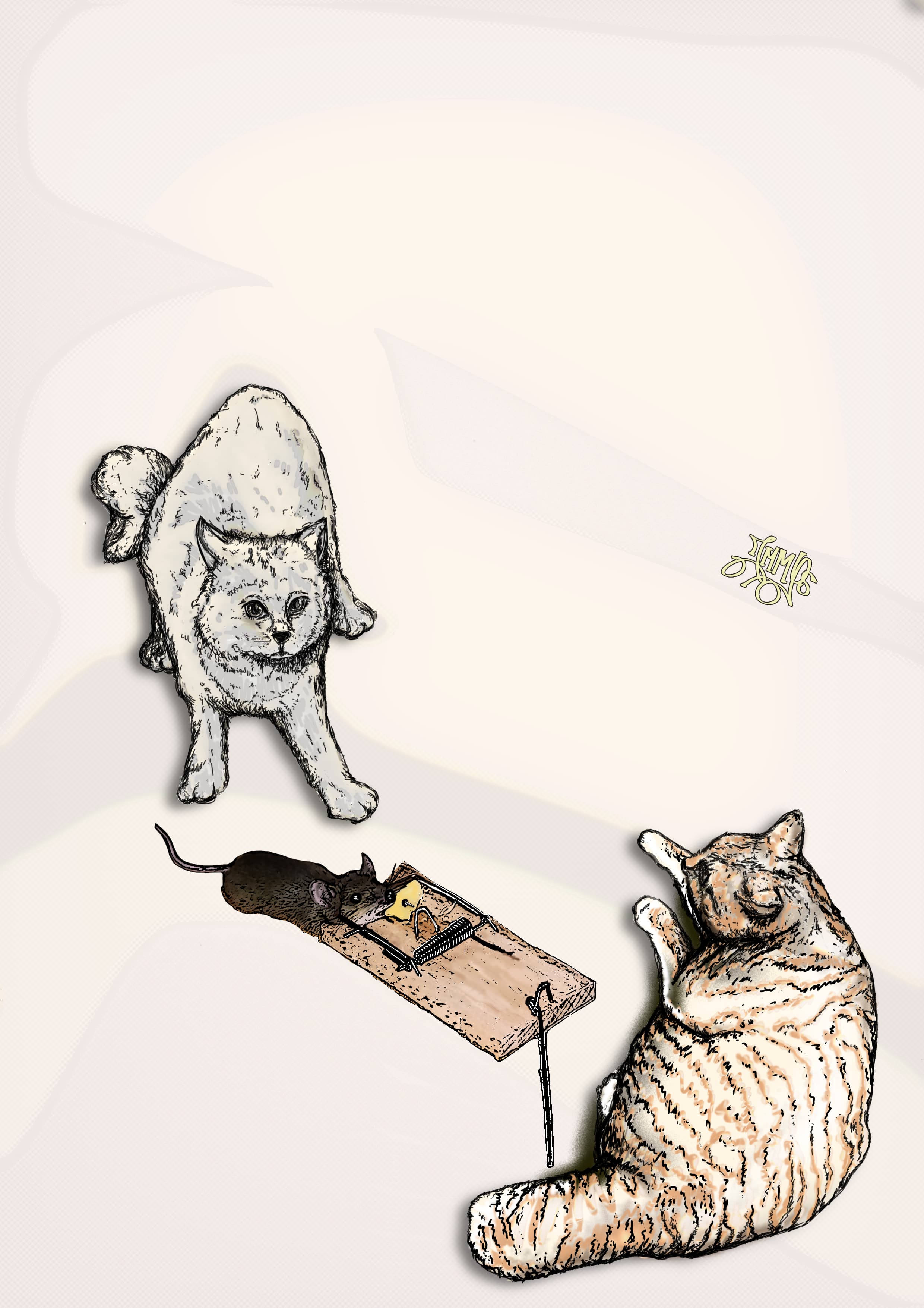 Art illustration Janice Maria Mancini Ys JMMYS.NL cat-trap cats pussy mouse trap cheese modern minilastic pen digital
