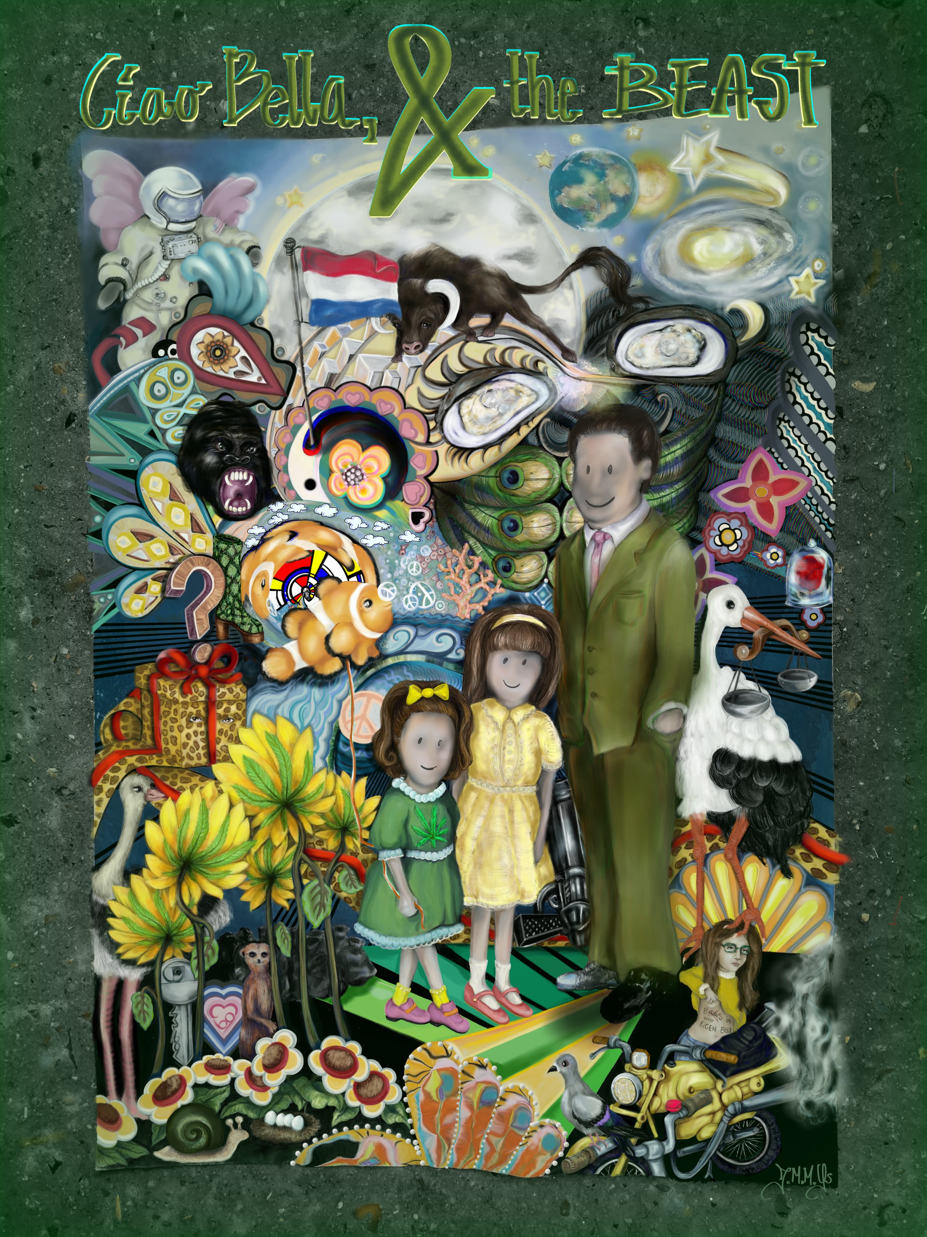 Surrealism, family 60's portrait, 2 young sisters and a father, allegory, nemo fish, gorilla, bull, dutch flag, astronaut, space, moon, hippies, buikshuiver, protest, ooievaar, outerspace, weed, marihuana