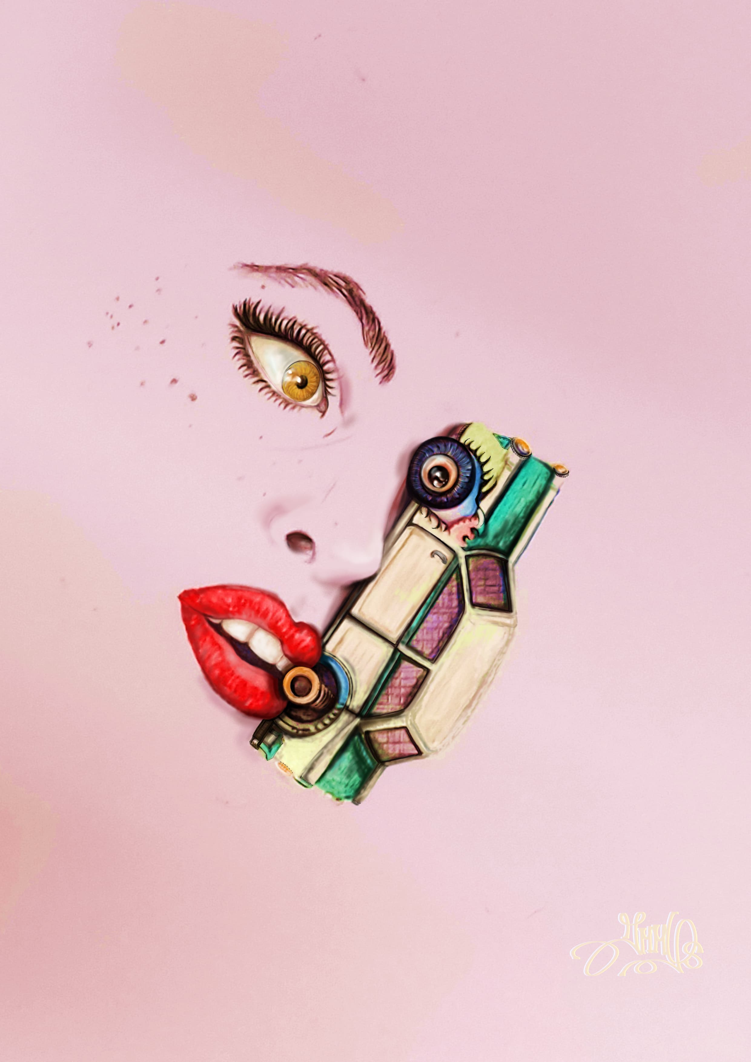 crash and beam jmmys janice ys red lips toy car retro portrait face one eye illusion beam pink background moder art digital mixed pencil