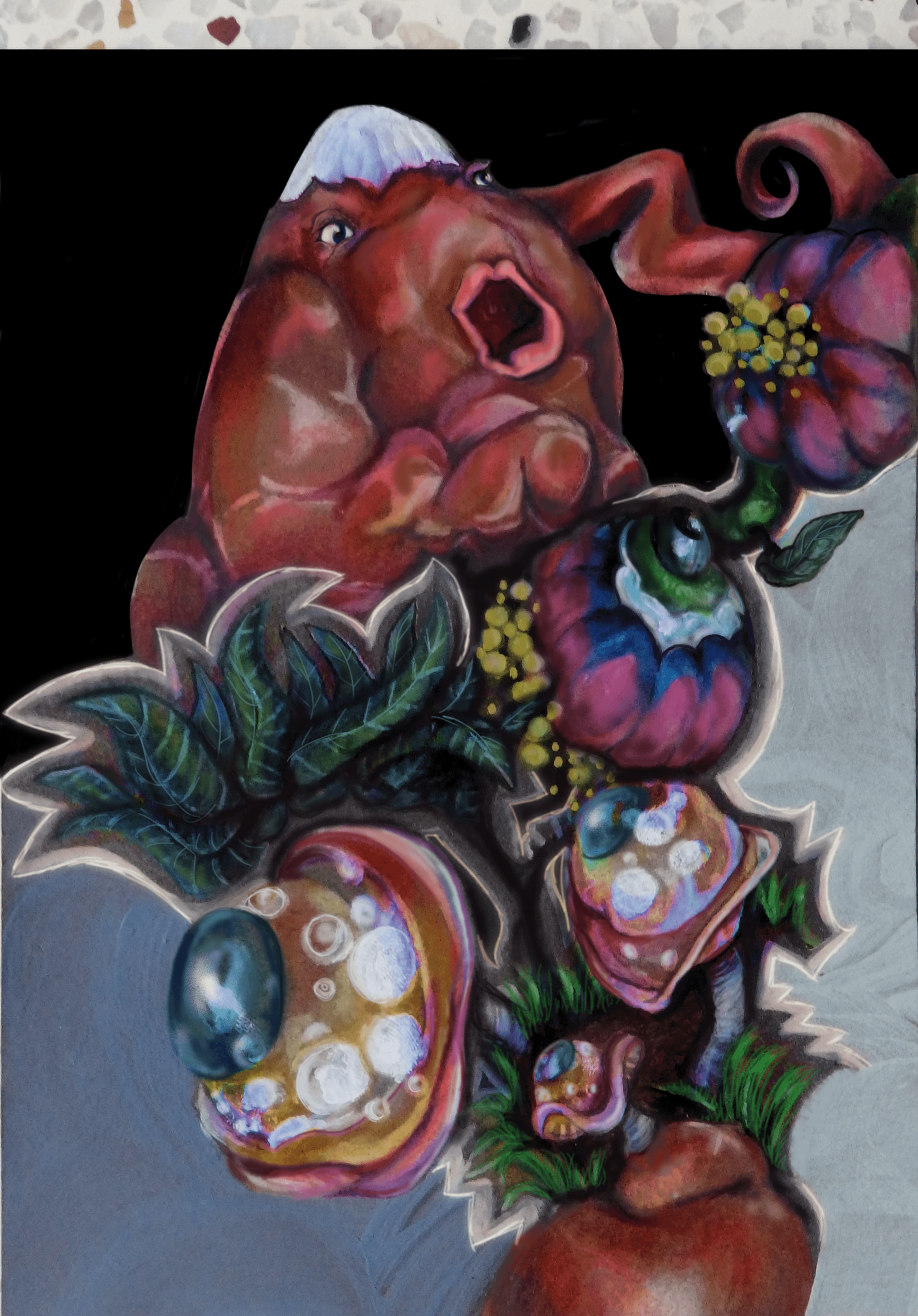 A mountain eruption illusion with mushroom surrealism, faces in stonde, night time, black background