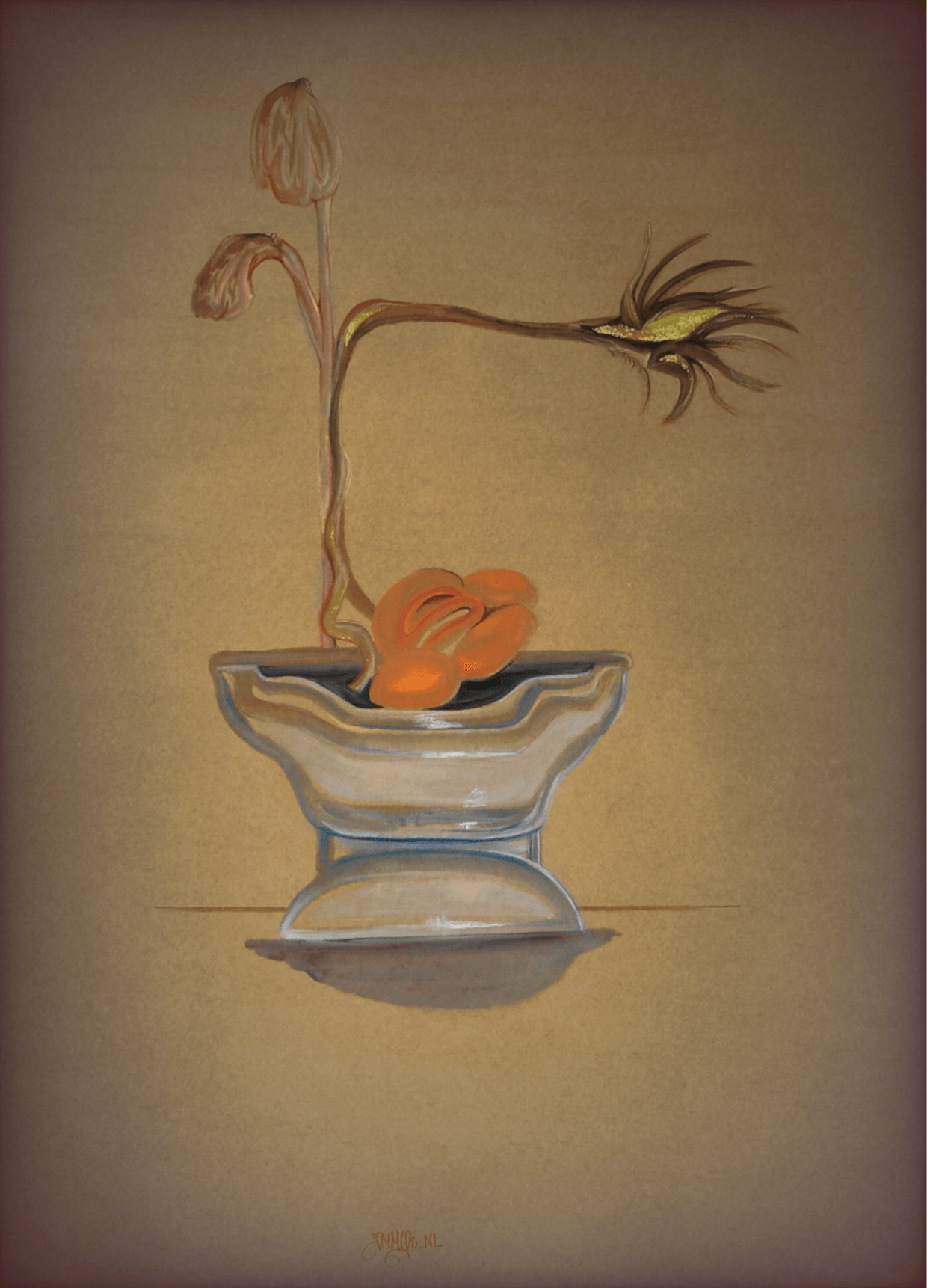 feng shui minimaistic art still life flower orange brown 60s sixties retro vintage earth jmmys art janice ys kraft paper oil painting yellow cream blue highlights
