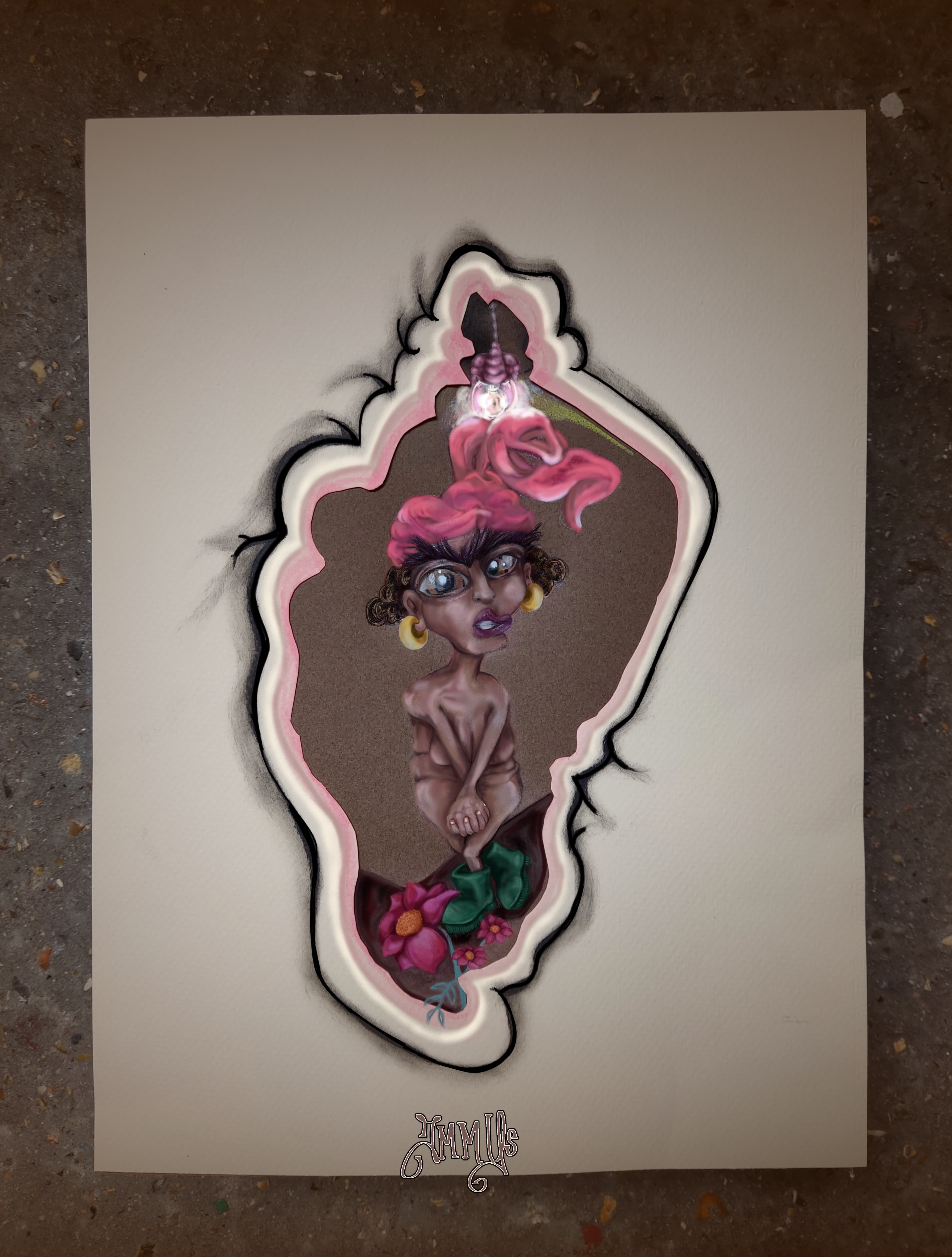 character of a fish lady shrimp, covered up naked gnome with a clit of light. pink