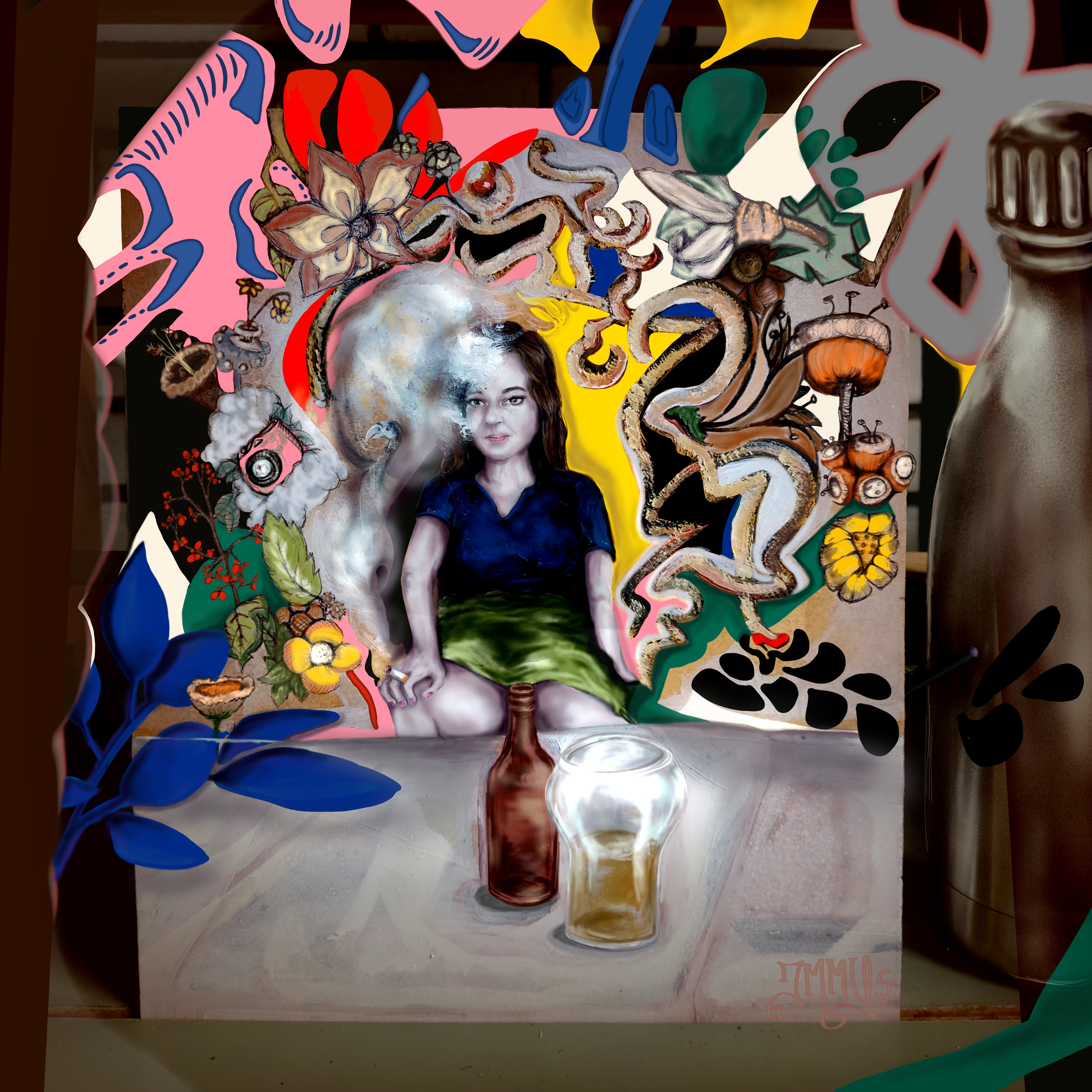 glacis matisse illustration inspired chrome flask beer brown bottel glass 70s holland the netherlands art janice ys jmmys modern art figurative vibrant bright model female green skirt blue shirt