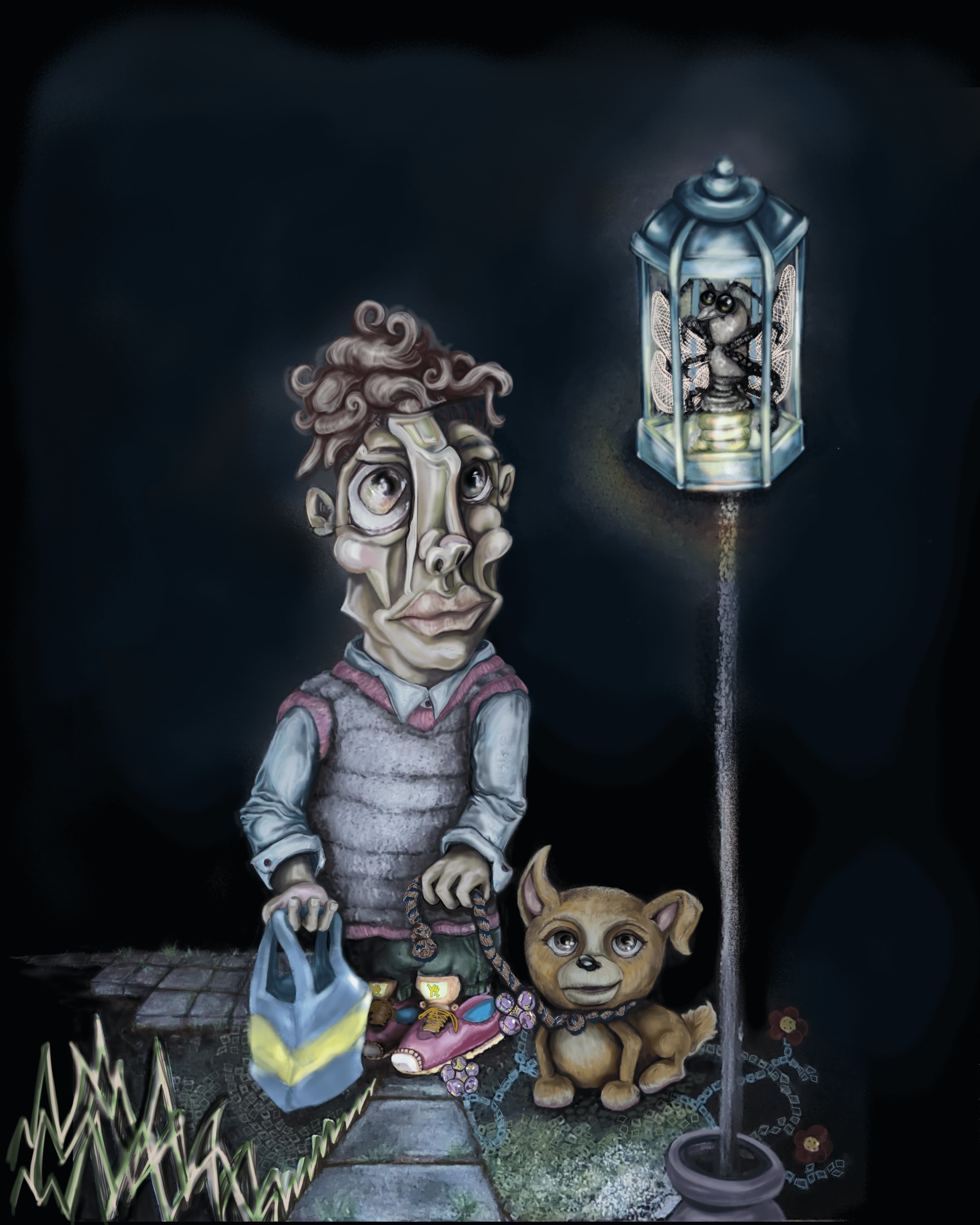 goblin firefly puppy night glow gnom dog puppy qt black light contrast night time walking sneaker surrealism artist art based Janice ys modern art janice mixed media black background