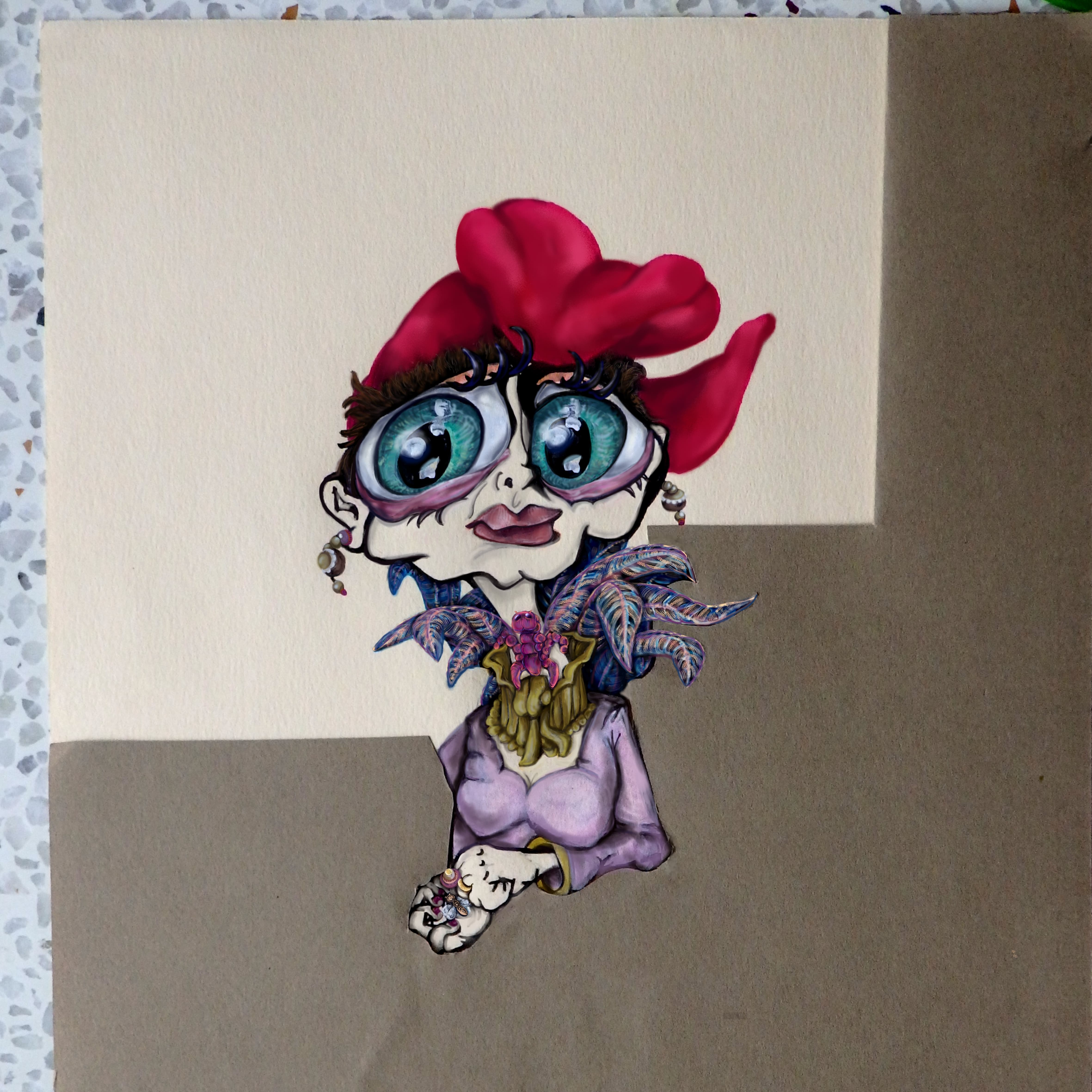 gnome goblin art red head green eyes purple shirt holding a fly bug in hand fist art modern