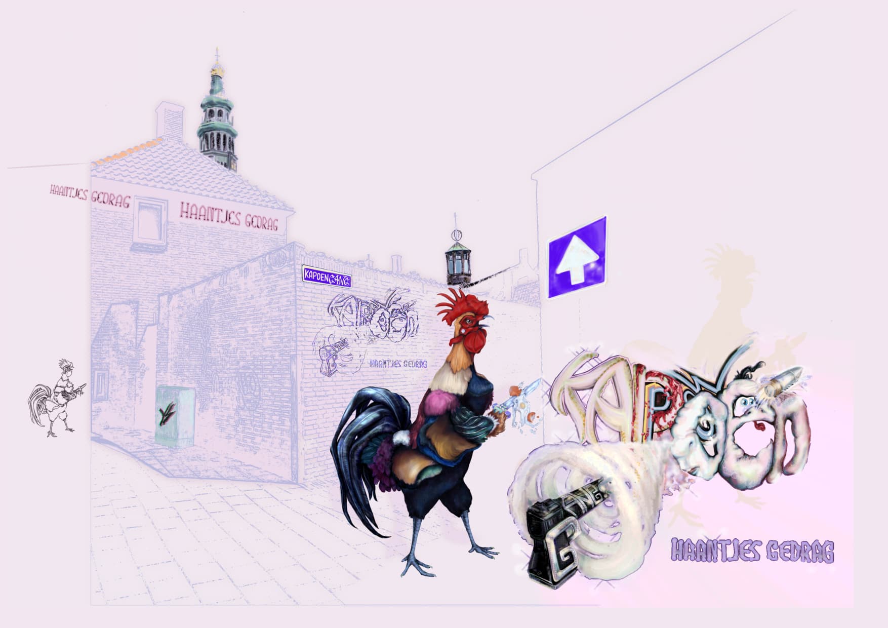 kapoengang graffiti middelburg cock stadstekening official city illustration cock rooster colorful surrealism janice ys jmmys