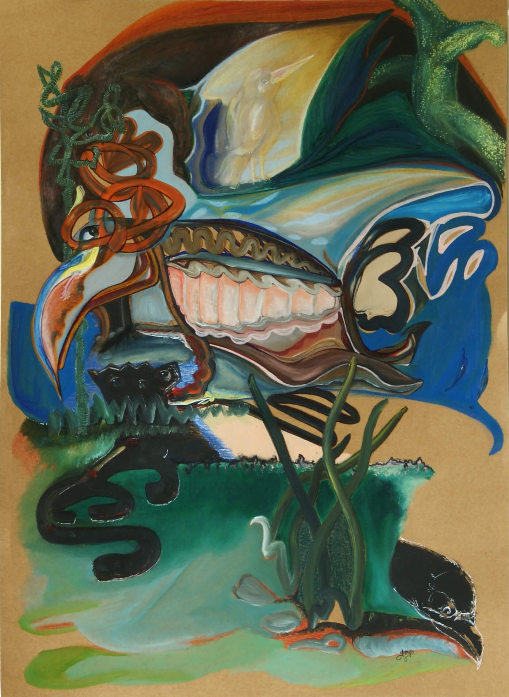 loose bird black cat pelican oilpaint polychromos pencils faber castell derwent surrealism jmmys Janice ys orange blue kraft paper, hidden birds burden birden art kunst origin