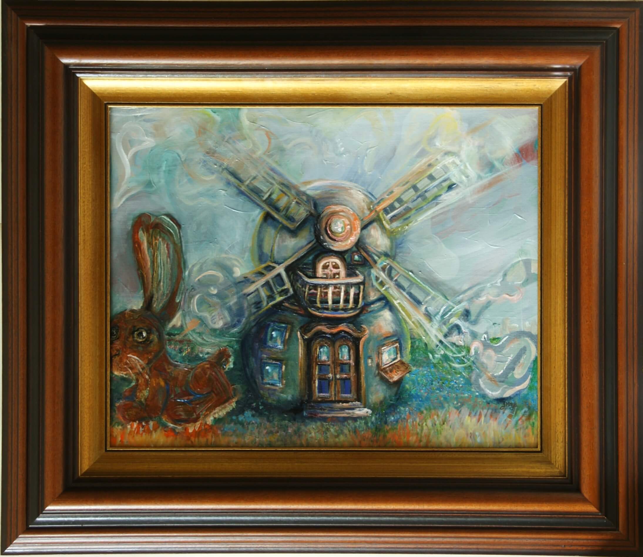 art mill impressionism windmill rabbit bunny landscape art holland the netherlands artist dutch janice ys jmmys gold pastel orange blue