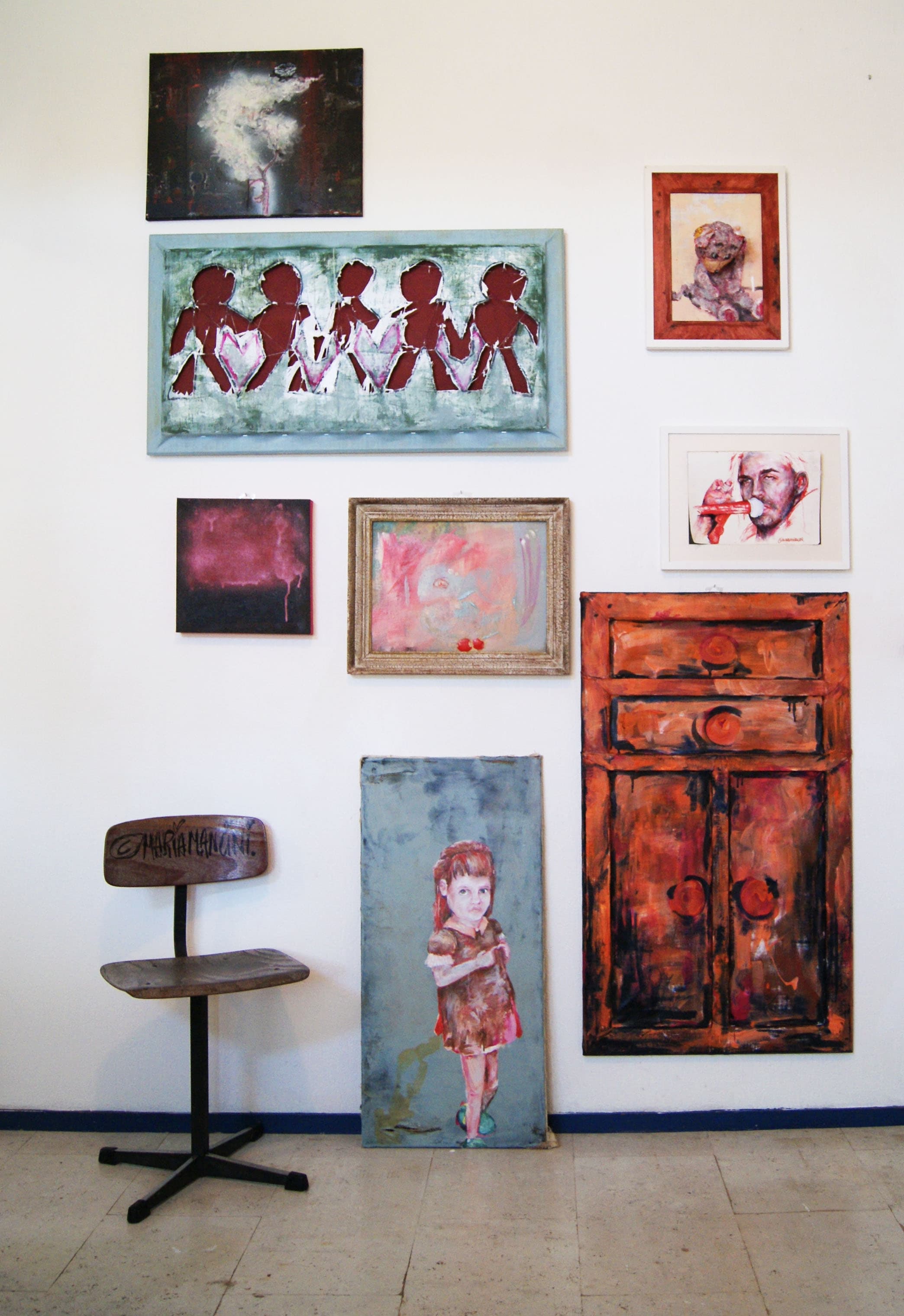 serie teething shocase, art, pink, orange, mint, modern art with cut-out family 3d