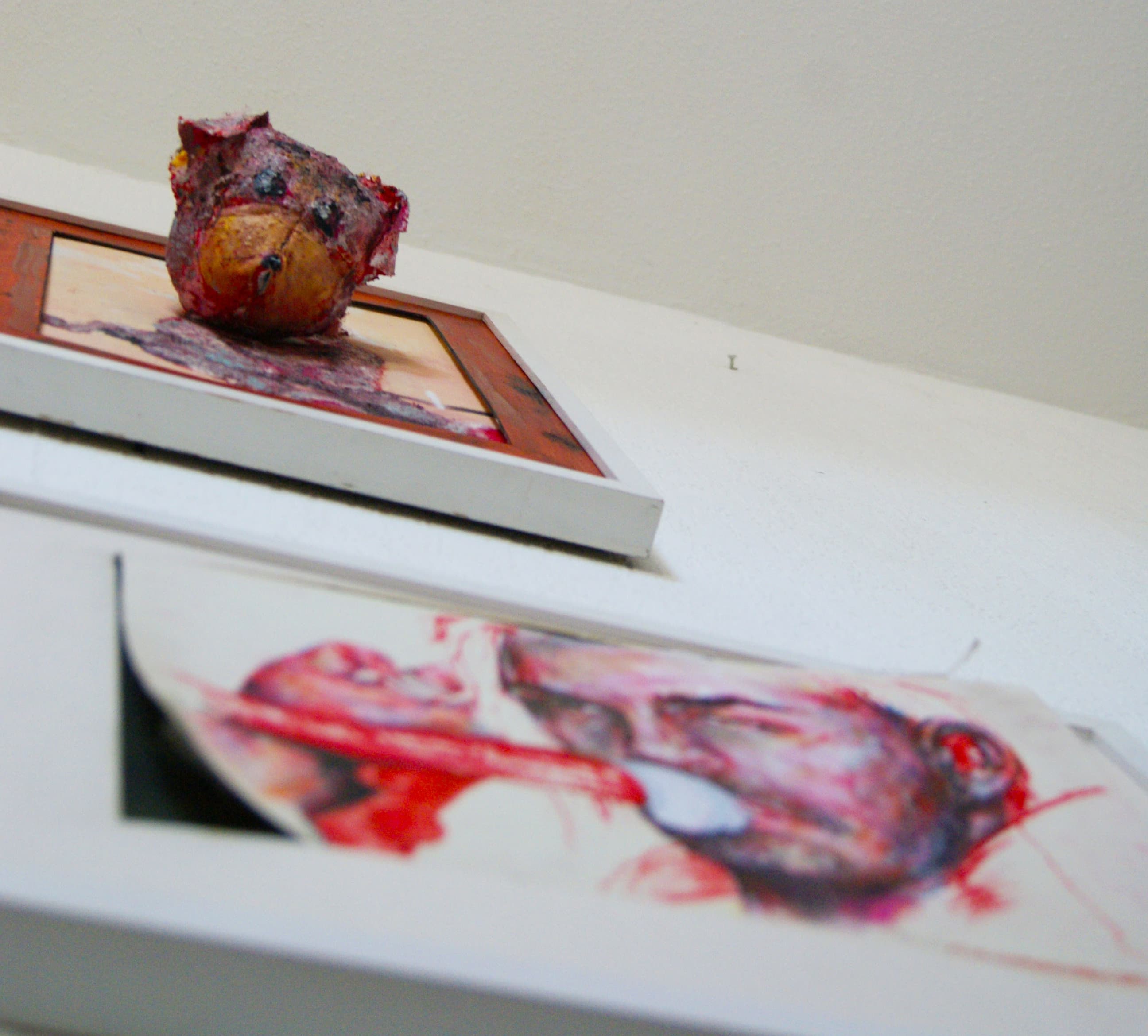 Artpiece stuffed bear looking down