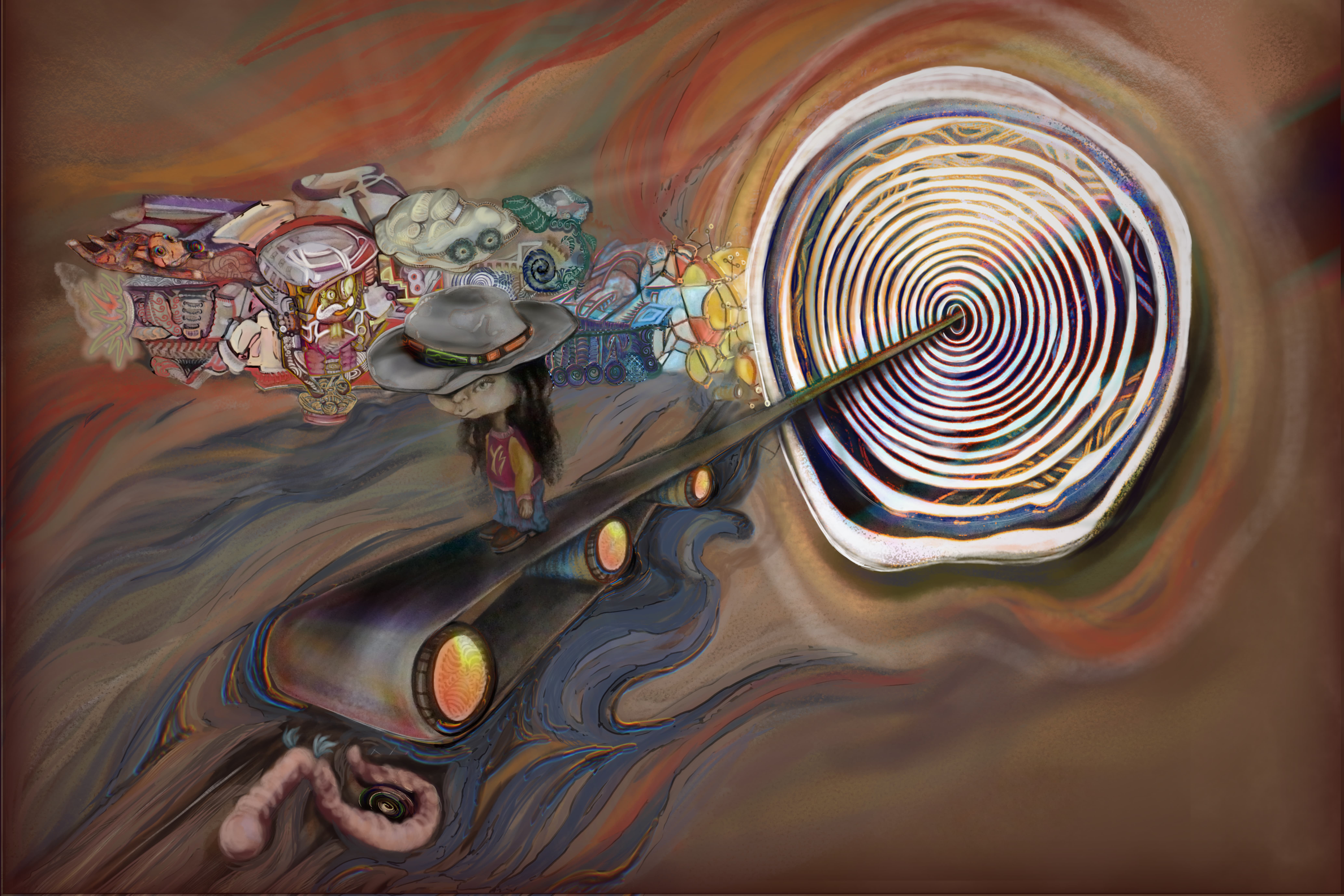 sci-fi story image, wormholes, space, droste loop, illusion maze hypnotic edvard munch the scream