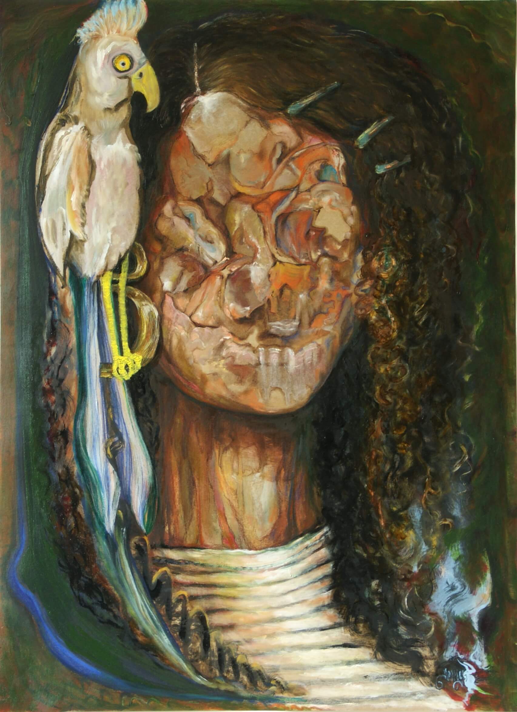 MY BIRDEN self portrait surrealism bord parot modern art abstract janice ys art jmmys oilpaint on paper