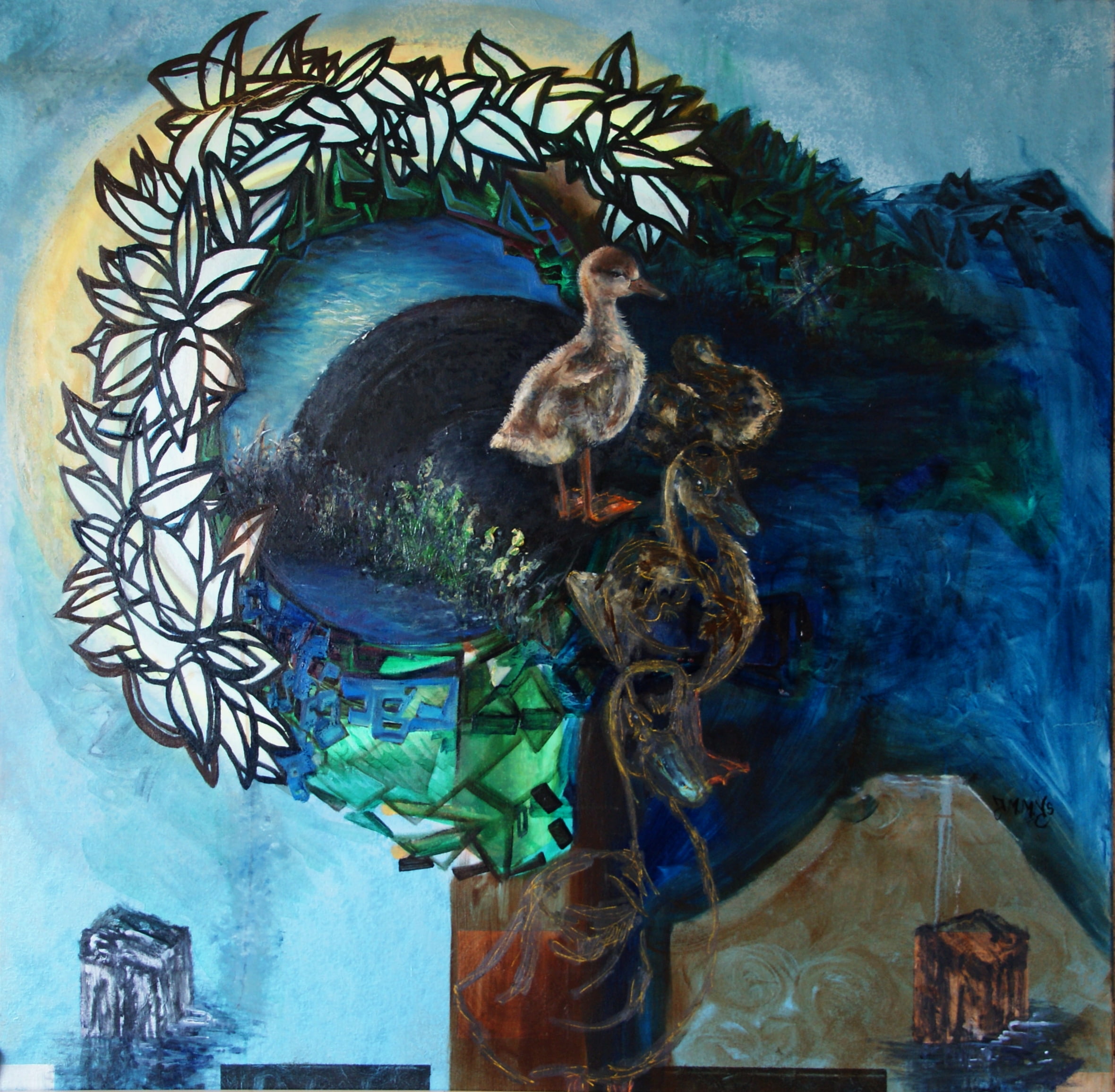 A complex, multi-layered painting titled "Fluffing Down" from the series "Moulting." The composition features a central, circular portal framed by a wreath of stylized white and black leaves. Inside this portal, a fluffy brown duckling stands on a dark, marshy ground with small green shoots, while ghost-like outlines of other ducklings are layered behind it. To the left of the portal, a glowing yellow moon-like arc illuminates the scene. The background is a mix of vibrant textures: a bright turquoise and green mosaic pattern at the bottom, a deep blue waterfall-like stroke cascading down the right side, and dark, jagged mountain silhouettes against a pale blue sky. In the lower corners, two small, abstract block structures—one white and one brown—anchor the piece. The overall style is textured and ethereal, symbolizing vulnerability and the transformative process of shedding the old to make way for the new.