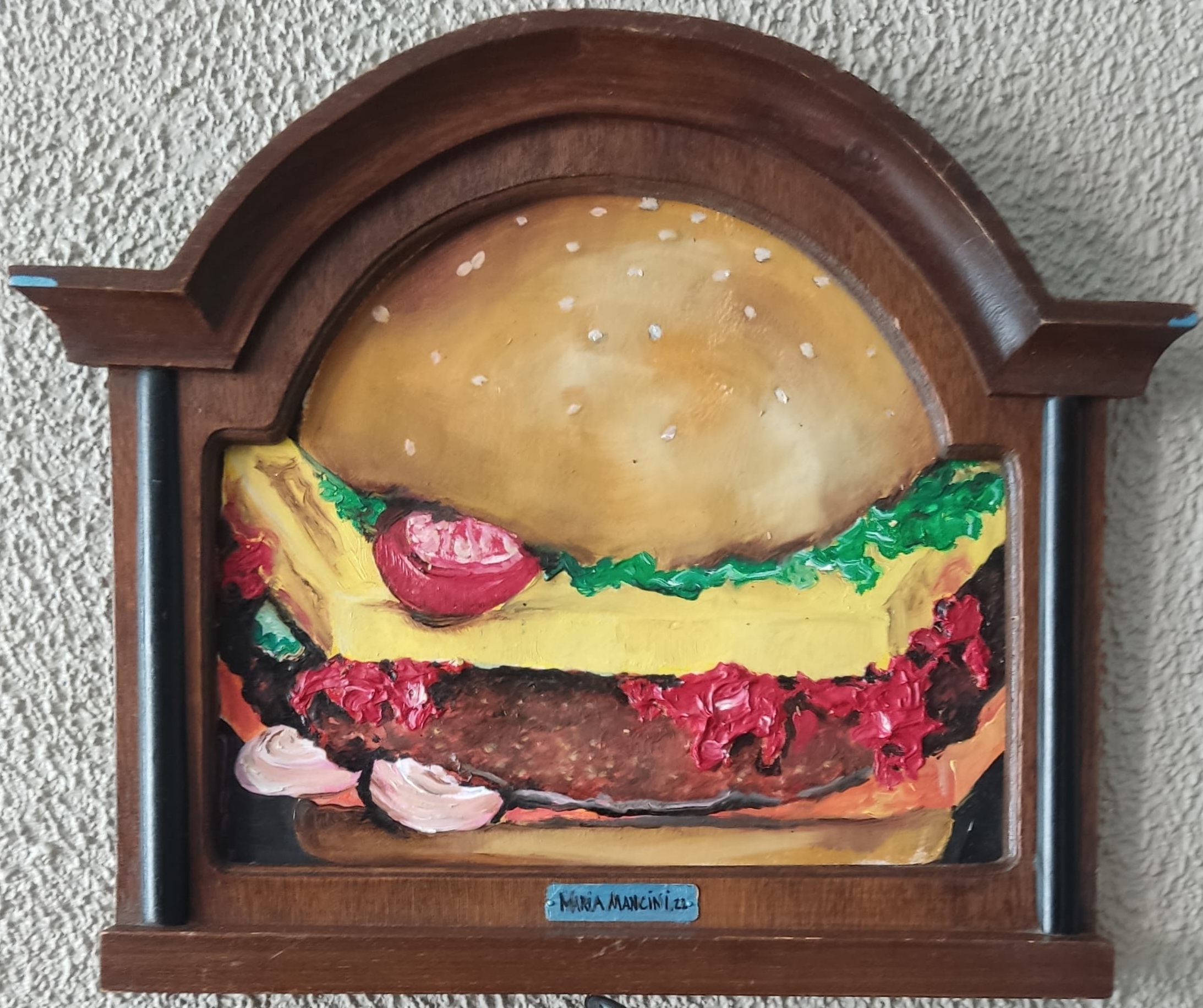 Burgereois. Oilpainting in wooden frame. surrealism optical illusion hamburger