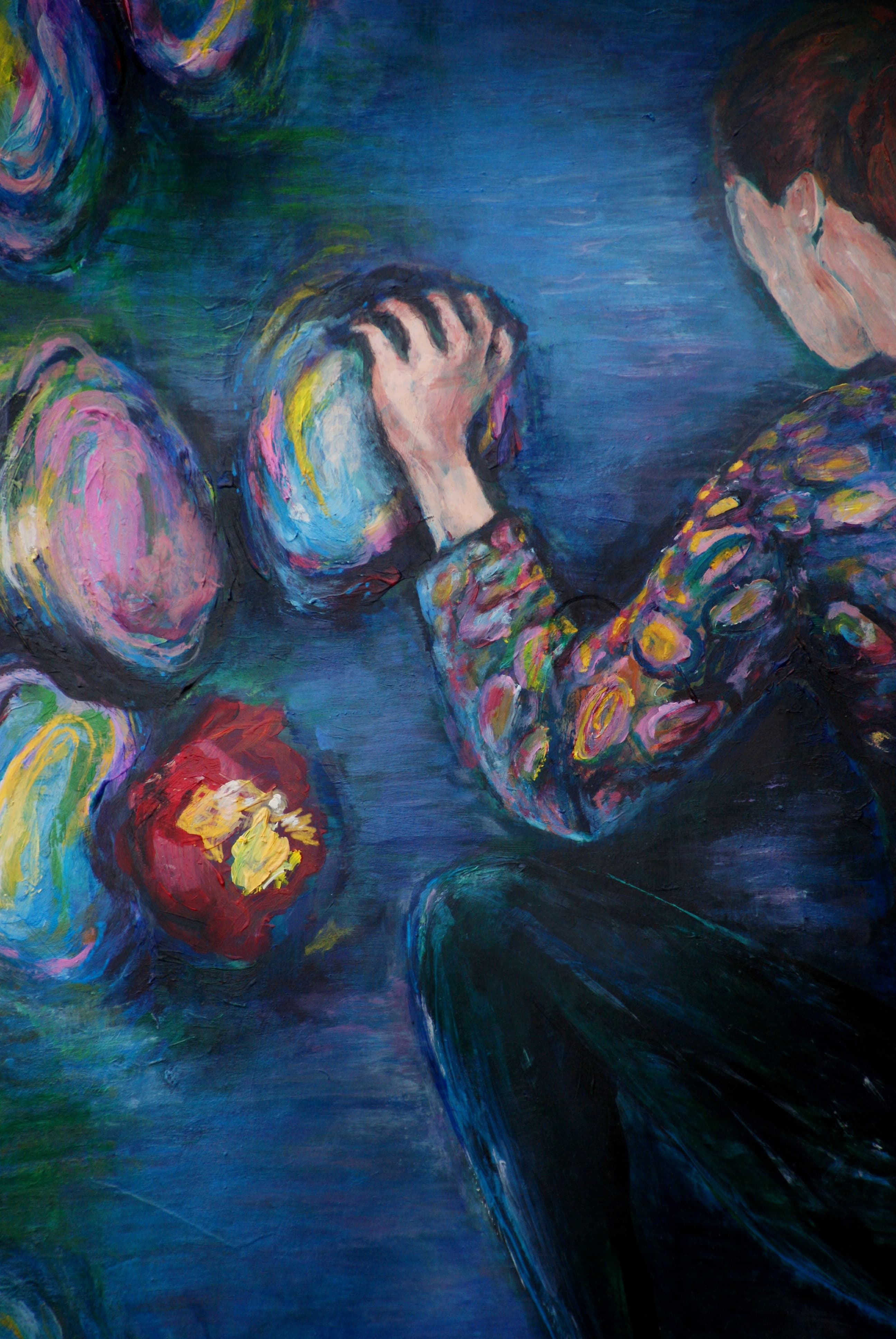 Vertical acrylic painting titled 'Climflower' on tall, narrow gray offset paper. A climber ascends a wall where Impressionist-style water lilies double as climbing holds, inspired by Monet's Nymphéas.