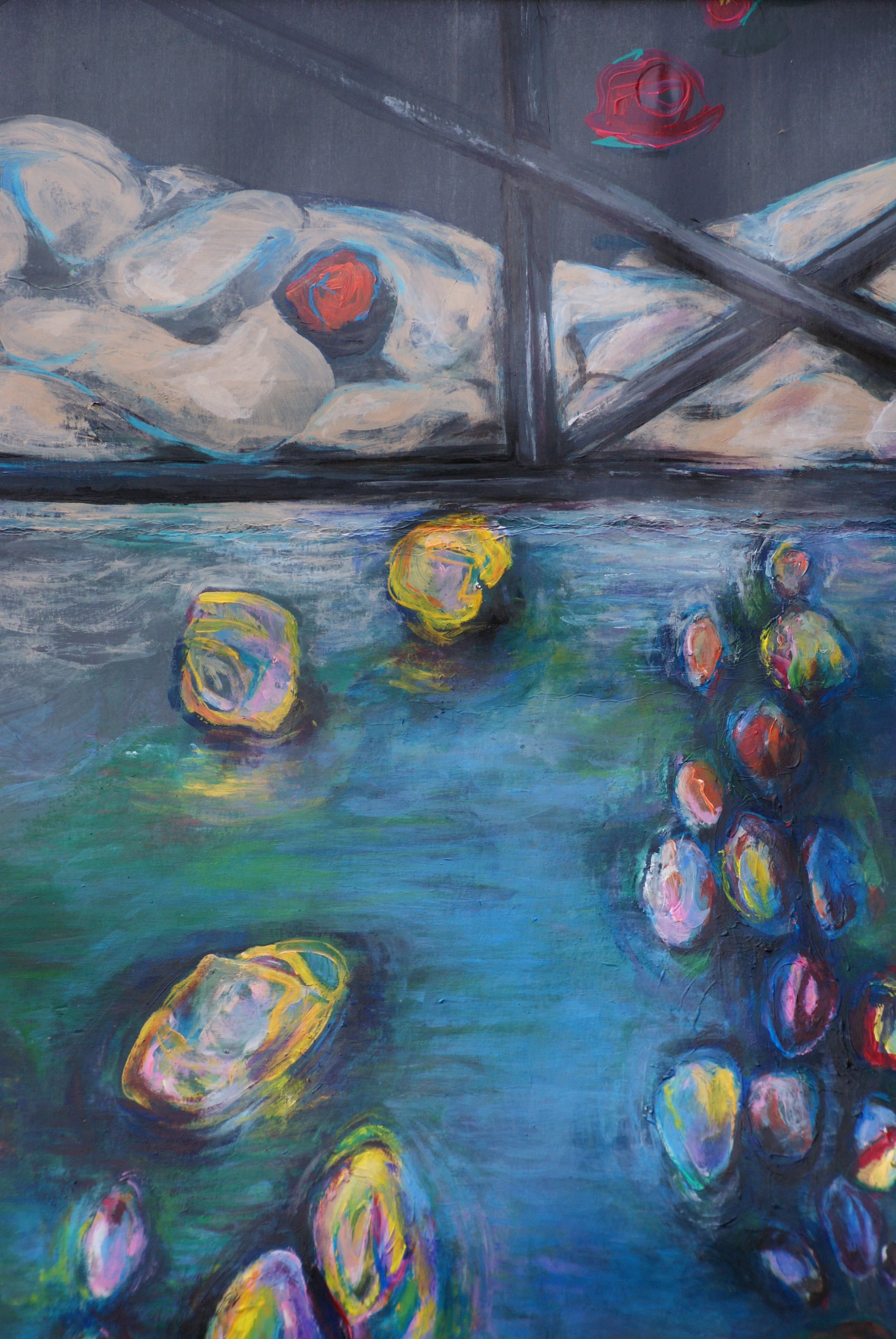 Vertical acrylic painting titled 'Climflower' on tall, narrow gray offset paper. A climber ascends a wall where Impressionist-style water lilies double as climbing holds, inspired by Monet's Nymphéas.