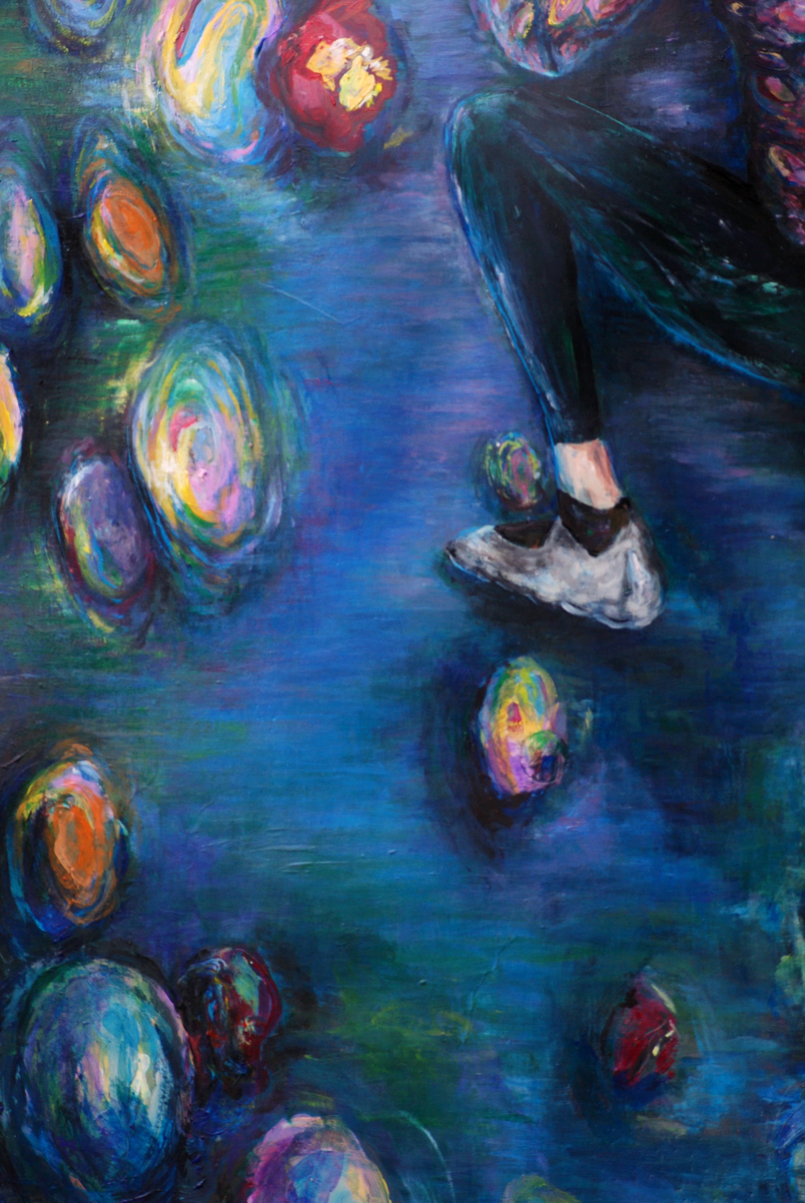 Vertical acrylic painting titled 'Climflower' on tall, narrow gray offset paper. A climber ascends a wall where Impressionist-style water lilies double as climbing holds, inspired by Monet's Nymphéas.