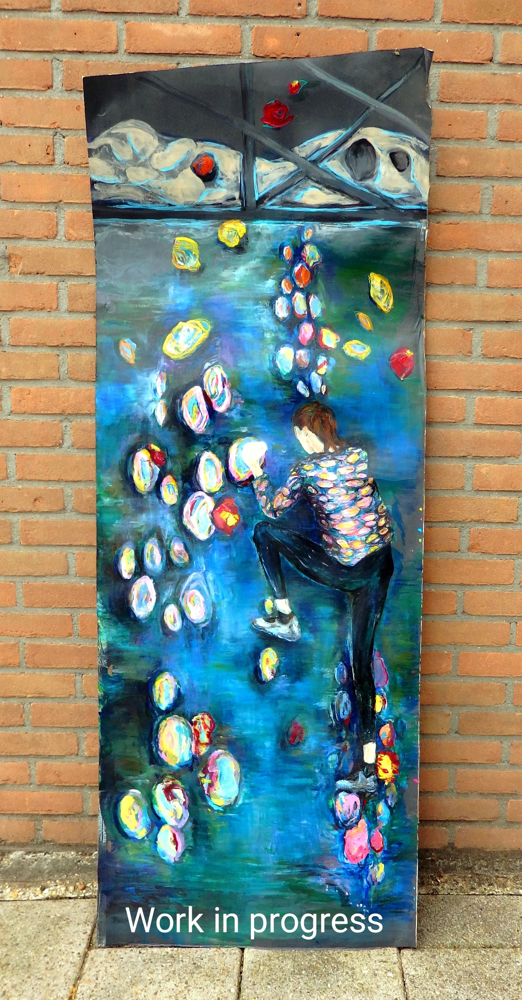 Vertical acrylic painting titled 'Climflower' on tall, narrow gray offset paper. A climber ascends a wall where Impressionist-style water lilies double as climbing holds, inspired by Monet's Nymphéas.