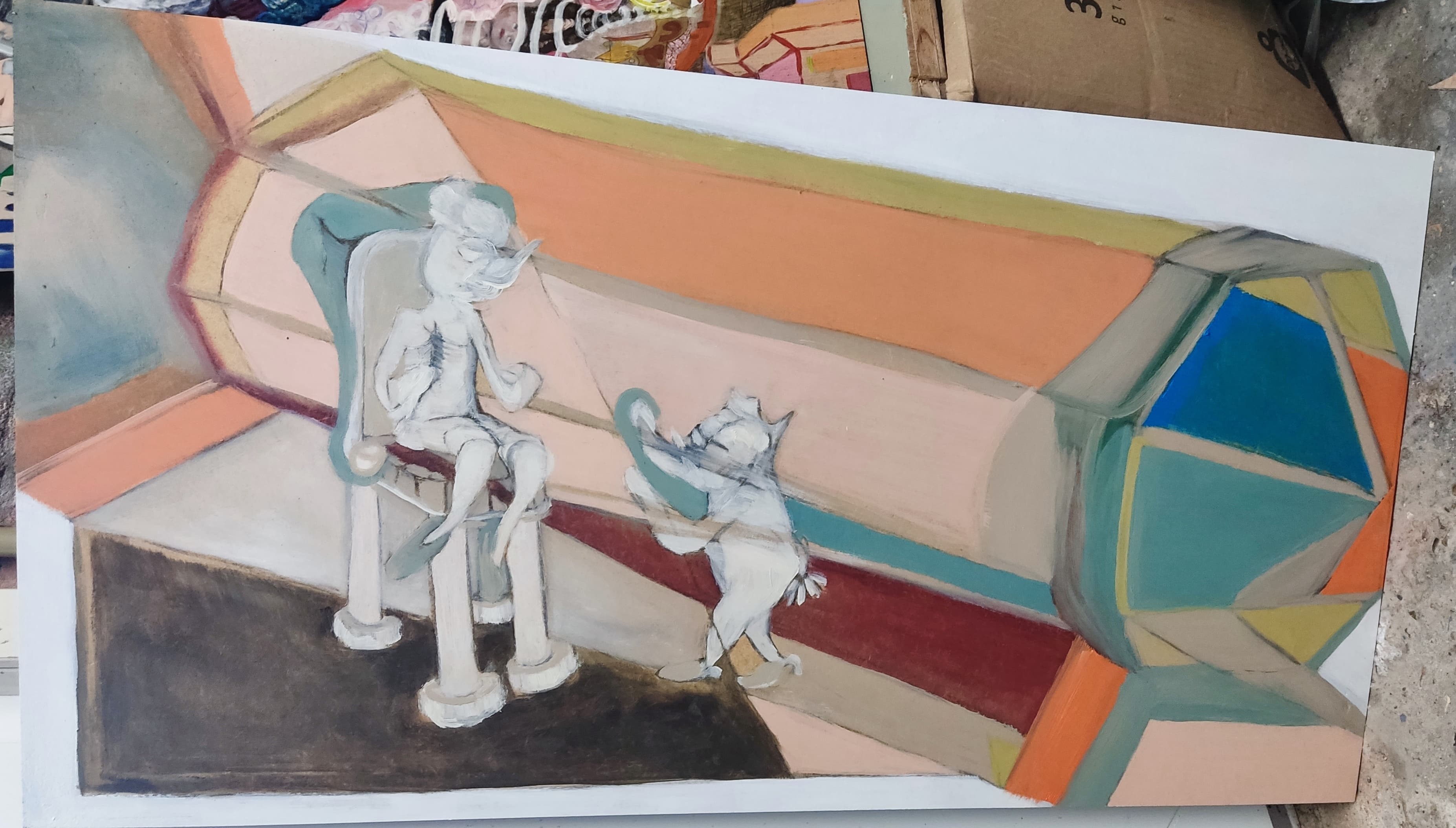 work in progress of the painting: Oil painting on panel titled 'INSERT' from the 'BIRDEN' series (81 x 42 cm, 2025) by J.M.M.Ys. A surreal and futuristic scene featuring a light blue, figure-like entity seated on a chair, connected via mechanical arms and cables to a large capsule-like glass structure with warm orange, yellow, and blue hues and a glowing energy burst at its center.