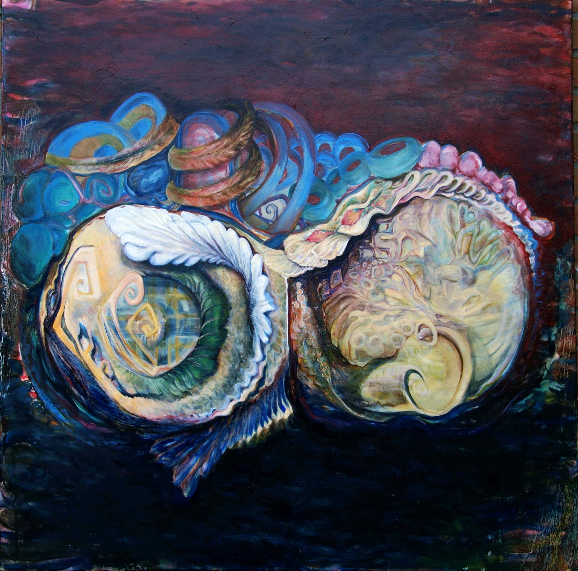 An abstract oil painting on canvas titled 'BELLIES' (100x100 cm) by artist J.M.M. Ys (2026). The artwork features organic, rounded forms reminiscent of interlocking figures, torsos, or embraces, painted in expressive layers of soft pinks, light blue, white, and earthy undertones with visible brushwork.