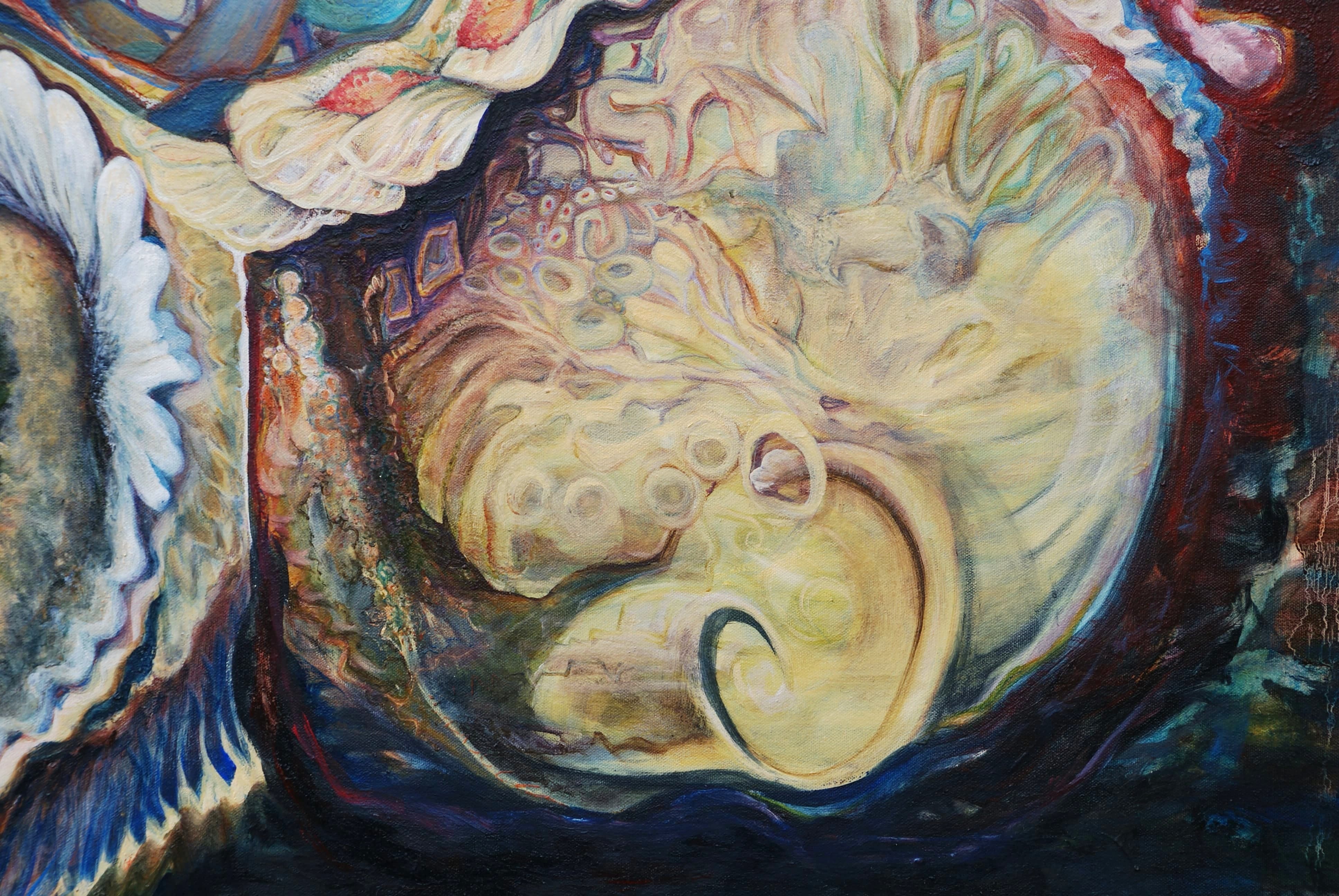 Close-up of the oil painting 'BELLIES' (2026) from the INNING series by J.M.M. Ys, showing intricate, organic textures with rounded, interlinked forms in warm earth tones, deep blues, and soft whites, highlighting the rich brushwork and tactile layering.