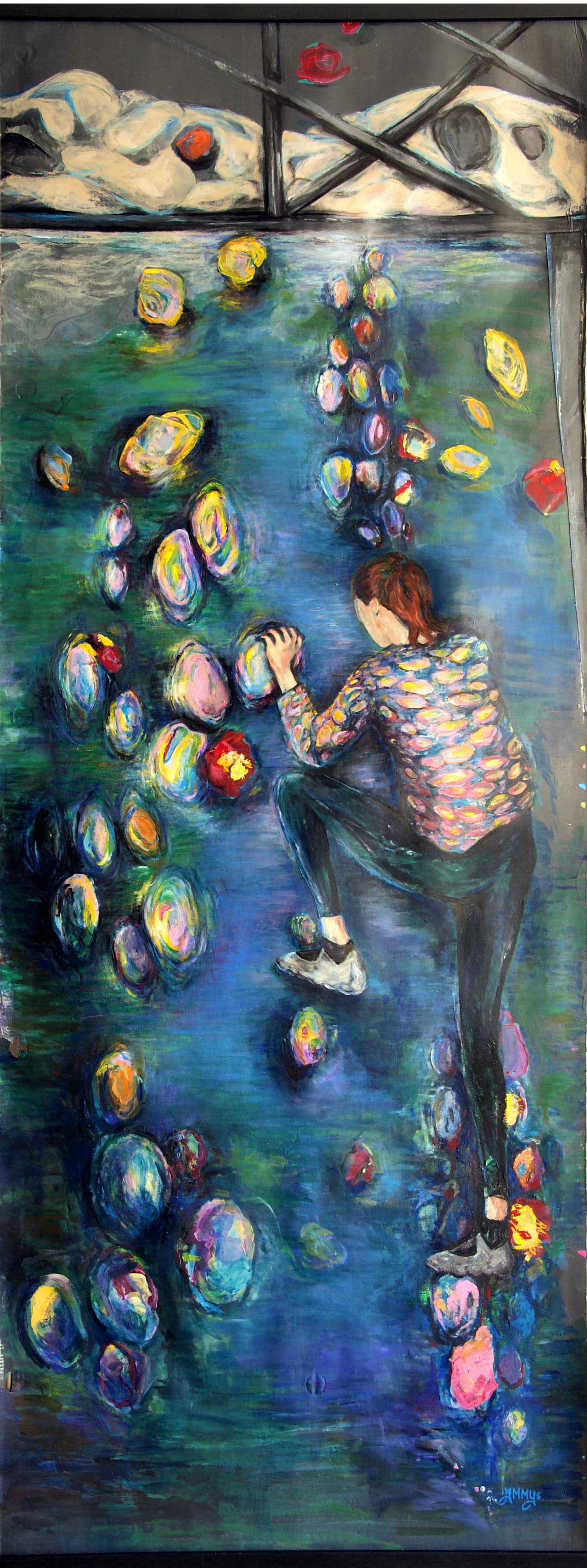 Vertical acrylic painting titled 'Climflower' on tall, narrow gray offset paper. A climber ascends a wall where Impressionist-style water lilies double as climbing holds, inspired by Monet's Nymphéas.