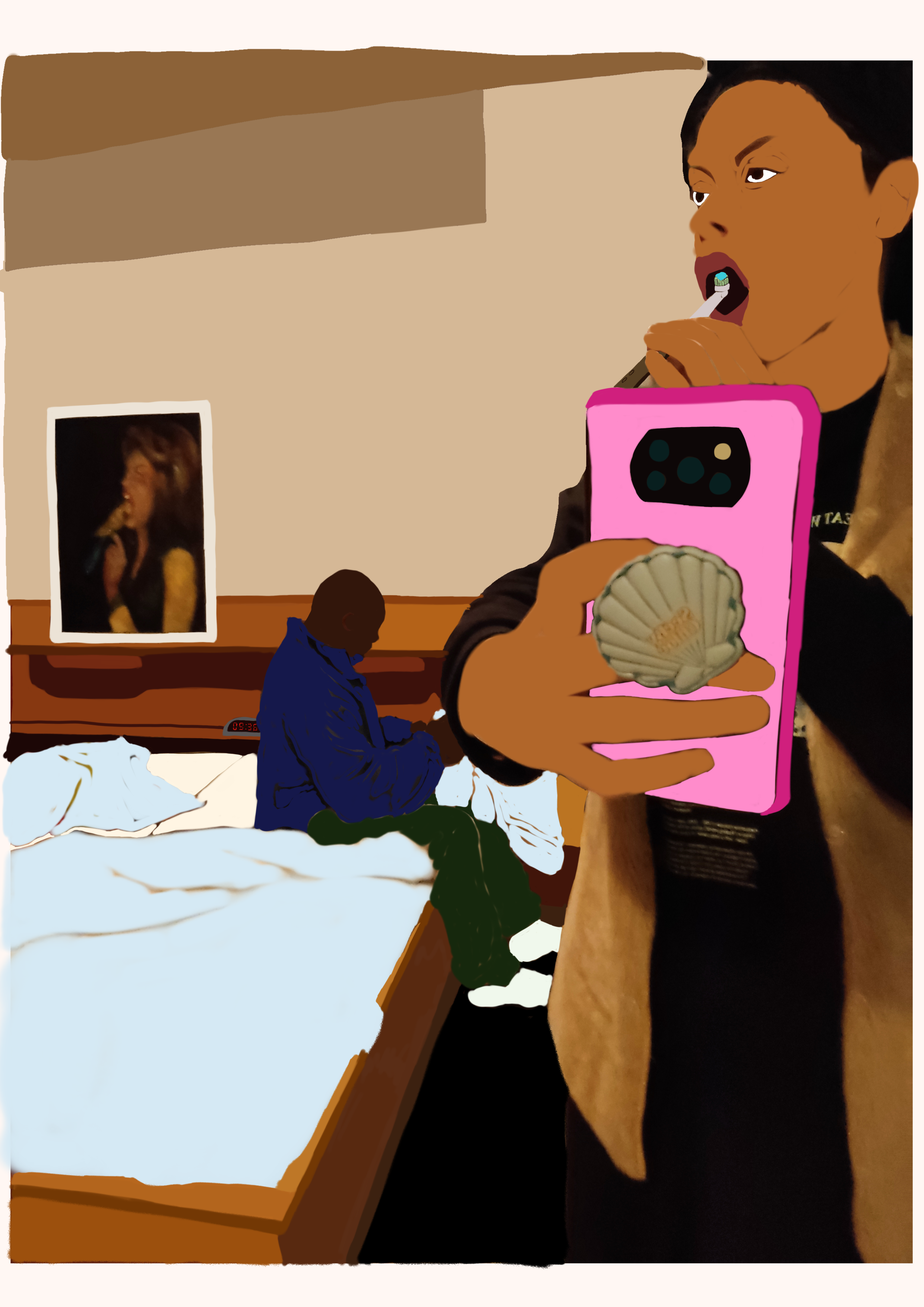 ​Digital illustration of a woman brushing her teeth while holding a pink phone, featuring a Droste effect with a man sitting on a bed recursively repeating in the background.